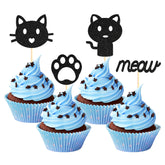 24 pcs Cat Cupcake Toppers, Cat Meow Cupcake Toppers, Black Glitter Cat Face Cupcake Toppers for Kitten Themed Baby Shower Kids Birthday Party Supplies Decorations